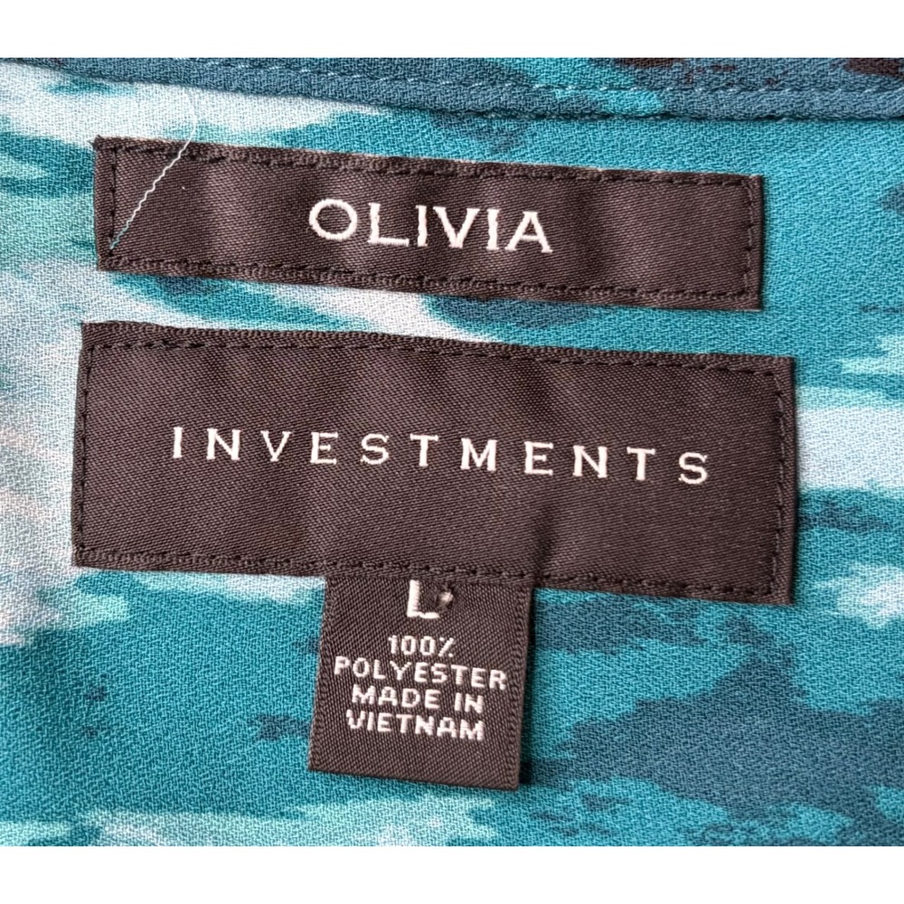 Olivia Investments Teal Black Abstract Print Roll Tab Button Down Blouse Large - Picture 4 of 11